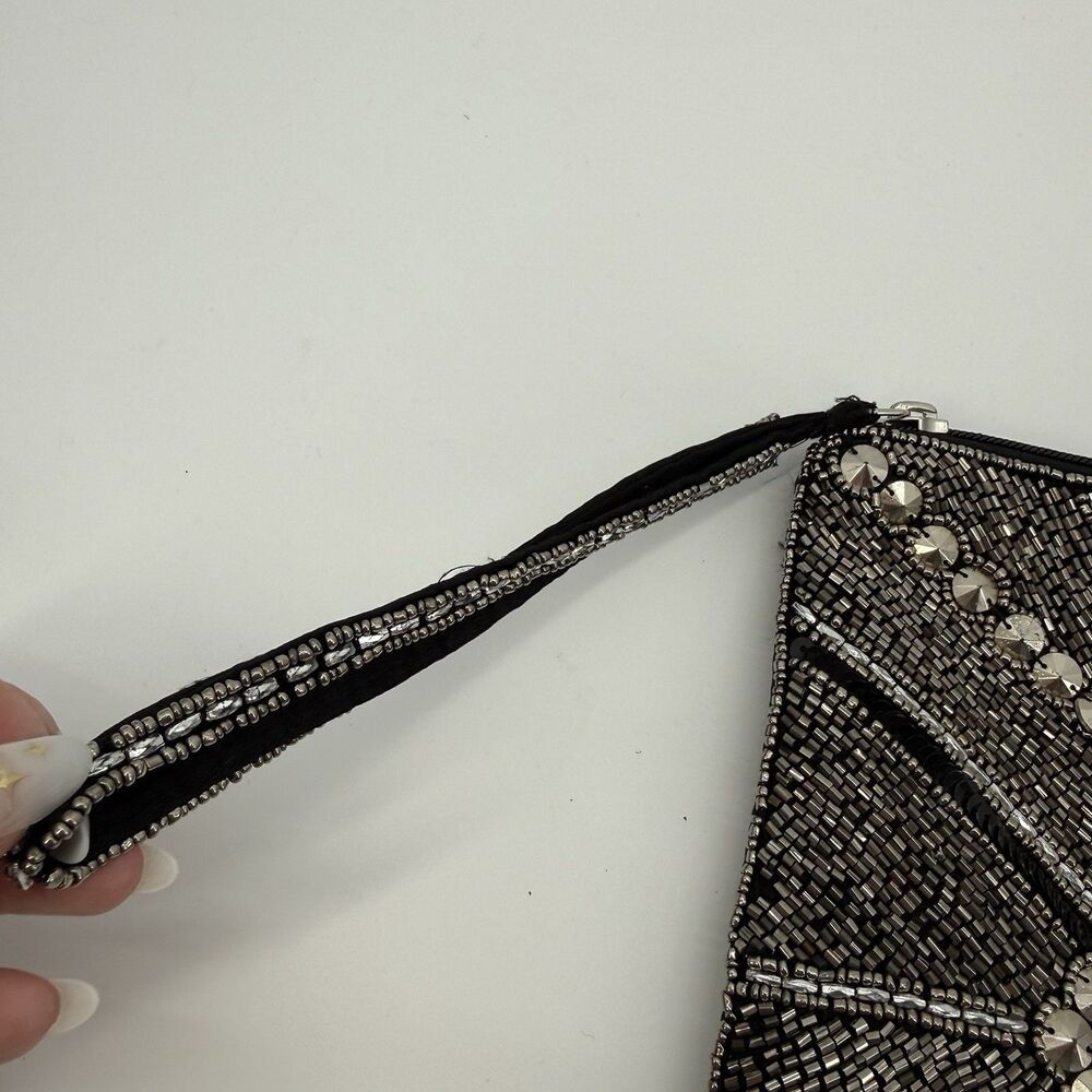 Unbranded Black Sequin Beaded Pouch Bag Travel India Silver Clutch - Picture 3 of 11